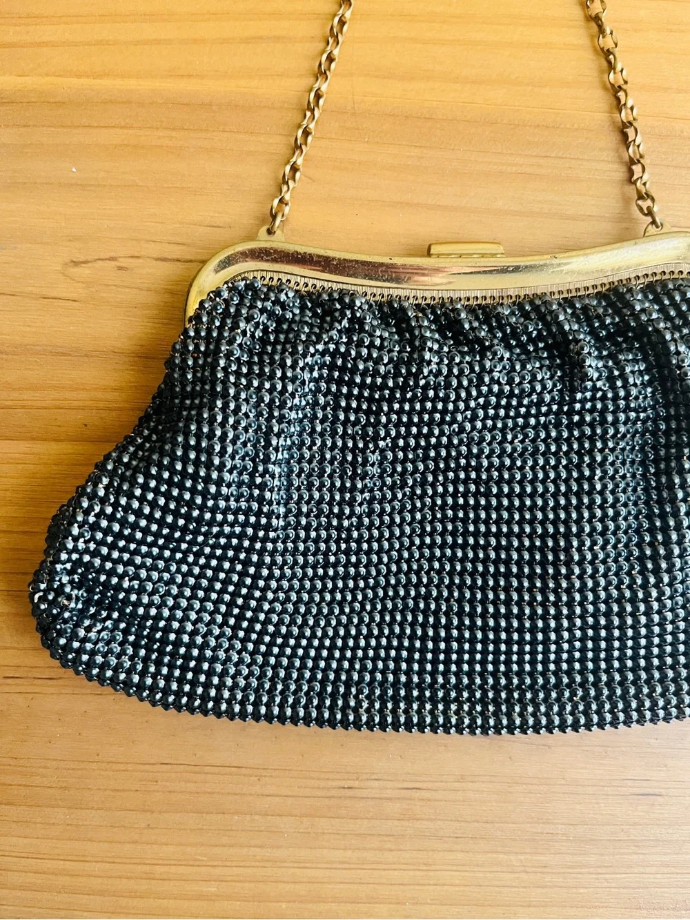 Vintage Whiting & Davis Purse Clutch Bag Mesh Navy Blue Gold Glam Retro USA Made